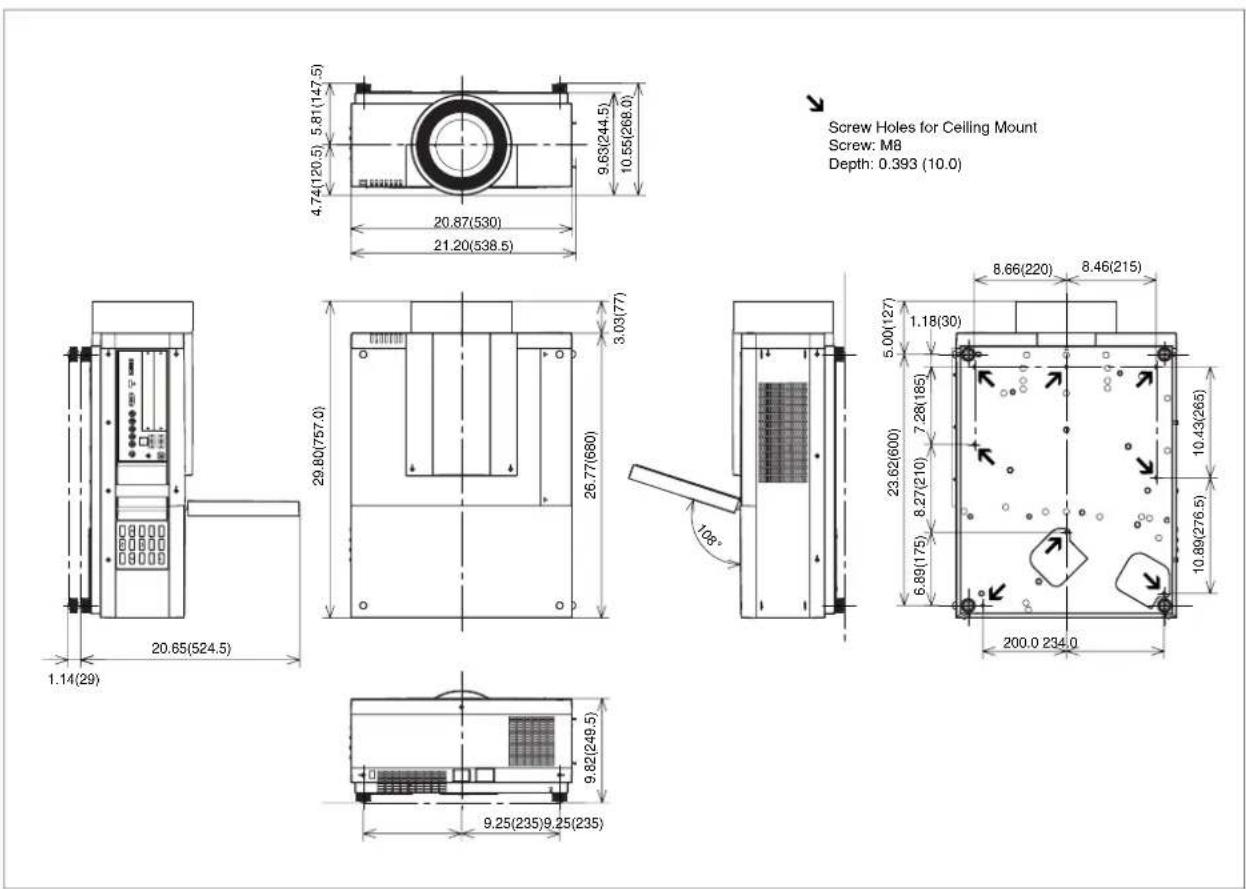 Screw Holes for Ceiling Mount Screw: M8 Depth: 0.393 (10.0) 4.74(120.5) 5.81(147.5) 9.63(244.5) 10.55(268.0) 20.87(530) 21.20(538.5) 29.80(757.0) 3.03(77) 26.77(680) 108° 20.65(524.5) 1.14(29) 9.82(249.5) 9.25(235)9.25(235) 8.66(220) 8.46(215) 5.00(127) 1.18(30) 7.28(185) 8.27(210) 6.89(175) 10.43(265) 10.89(276.5) 200.0 234.0