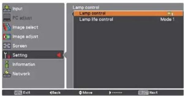 Input PC adjust Image select Image adjust Screen Setting Information Network Lamp control Lamp control Lamp life control Mode 1 Exit Back Move Next