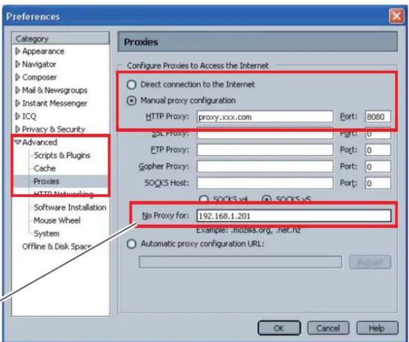 Preferences Category Appearance Navigator Composer Mail & Newsgroups Instant Messenger ICQ Privacy & Security Advanced Scripts & Plugins Cache Proxies HTTP Networking Software Installation Mouse Wheel System Offline & Disk Space Proxies Configure Proxies to Access the Internet Direct connection to the Internet Manual proxy configuration HTTP Proxy: proxy.xxx.com Port: 8080 SQL Proxy: Port: 0 ETP Proxy: Port: 0 Gopher Proxy: Port: 0 SOGKS Host: Port: 0 No Proxy for: 192.168.1.201 Example: .mozilla.org, .net.nz Automatic proxy configuration URL: OK Cancel Help