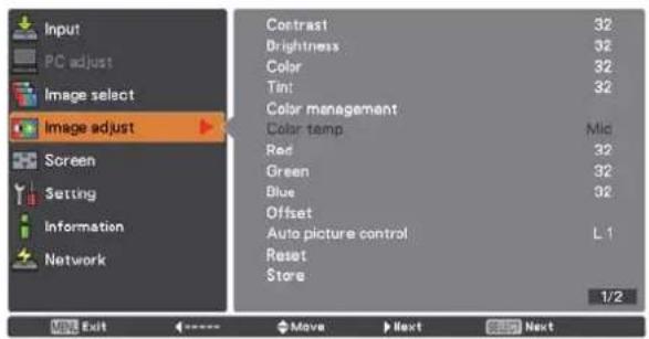 Input PC adjust Image select Image adjust Screen Setting Information Network Contrast 32 Brightness 32 Color 32 Tint 32 Color management Color temp Mid Red 32 Green 32 Blue 32 Offset Auto picture control L1 Reset Store 1/2 Move Next Next