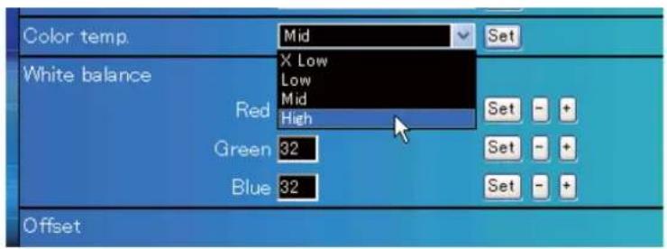 Color temp. Mid Set White balance Red X Low Low Mid High Set - + Green 32 Set - + Blue 32 Set - + Offset