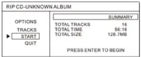 RIP CD-UNKNOWN ALBUM OPTIONS TRACKS START QUIT SUMMARY TOTAL TRACKS 16 TOTAL TIME 56:16 TOTAL SIZE 128.7MB PRESS ENTER TO BEGIN