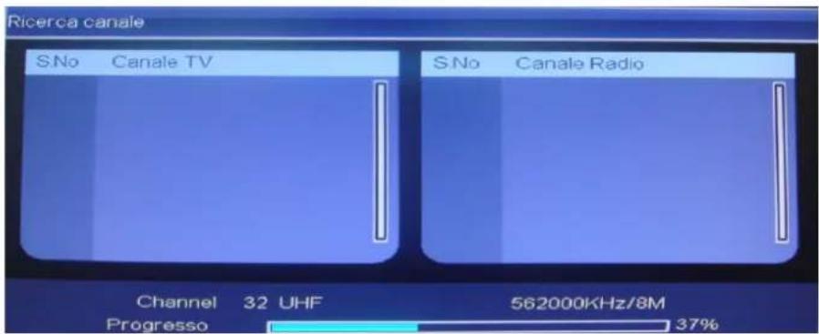 Ricerca canale S.No Canale TV S.No Canale Radio Channel 32 UHF 562000KHz/8M Progresso 37%