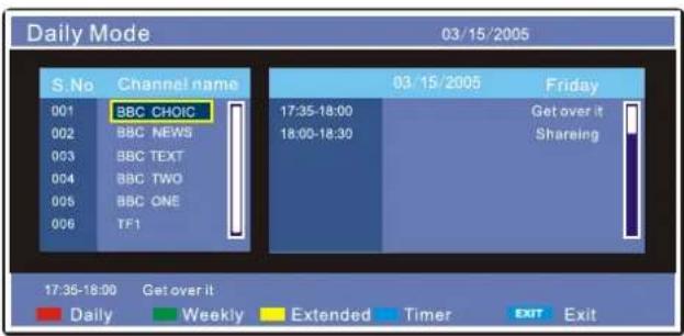Daily Mode 03/15/2005 S.No Channel name 001 BBC CHOIC 002 BBC NEWS 003 BBC TEXT 004 BBC TWO 005 BBC ONE 006 TF1 03/15/2005 Friday 17:35-18:00 Get over it 18:00-18:30 Sharing 17:35-18:00 Get over it Daily Weekly Extended Timer EXIT Exit