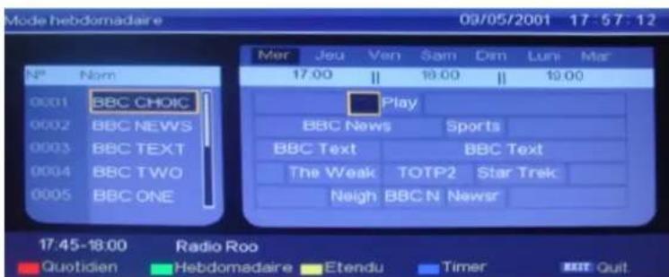 Mode hebdomadaire 09/05/2001 17:57:12 N° Nom 0001 BBC CHOIC 0002 BBC NEWS 0003 BBC TEXT 0004 BBC TWO 0005 BBC ONE Mer Jeu Ven Sam Dim Luni Mar 17.00 || 18.00 || 19.00 Play BBC News Sports BBC Text BBC Text The Weak TOTP2 Star Trek Neigh BBC N Newsr 17:45-18:00 Radio Roo Quotidien Hebdomadaire Etendu Timer KIT Quit