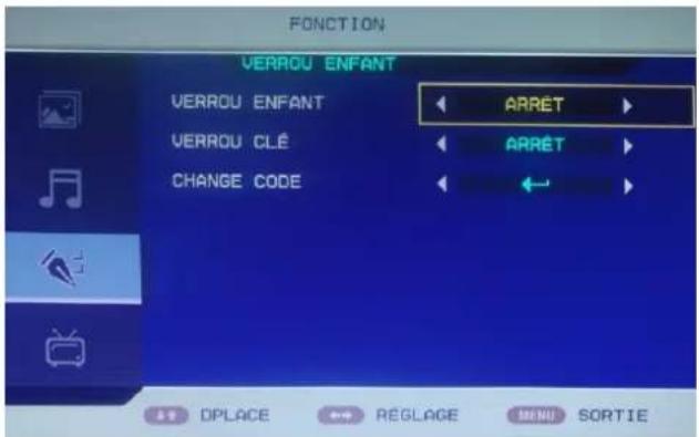FONCTION VERROU ENFANT VERROU ENFANT ← ARRÊT ► VERROU CLÉ ← ARRÊT ► CHANGE CODE ← ← ► DPLACE → RÉGLAGE → MENU → SORTIE