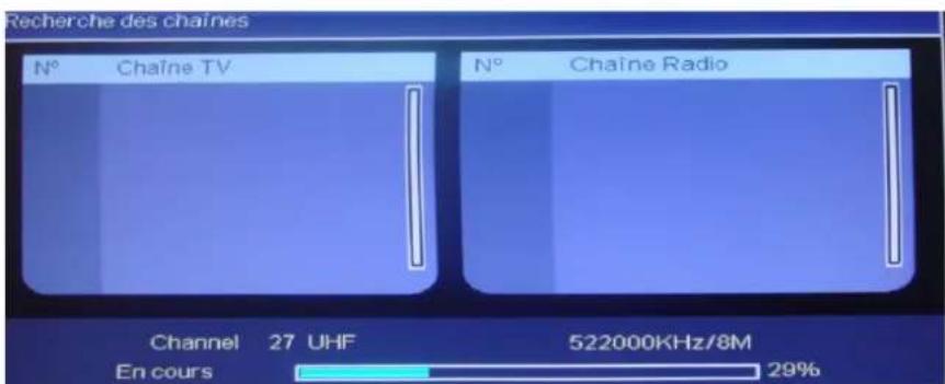 Recherche des chaînes N° Chaîne TV N° Chaîne Radio Channel 27 UHF 522000KHz/8M En cours 29%