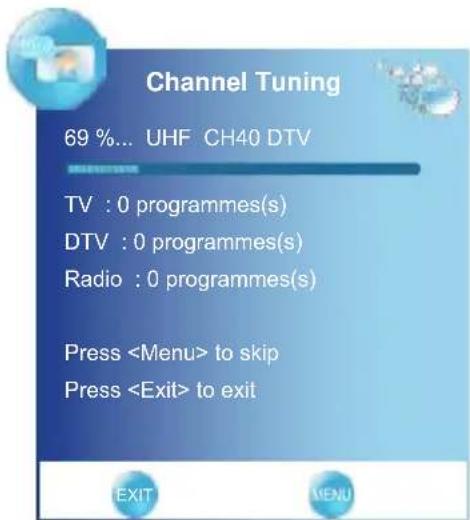 Channel Tuning 69 %... UHF CH40 DTV TV : 0 programmes(s) DTV : 0 programmes(s) Radio : 0 programmes(s) Press to skip Press to exit