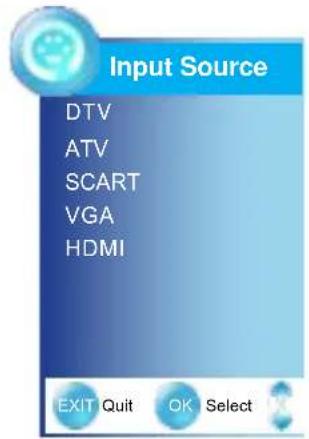 Input Source DTV ATV SCART VGA HDMI EXIT Quit OK Select