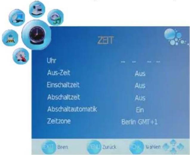ZEIT Uhr Aus-Zeit Einschaltzeit Abschaltzeit Abschaltautomatik Zeitzone AUS Aus Aus Ein Berlin GMT+1 EXIT Been ZEBU Zuruck OK Wahlen