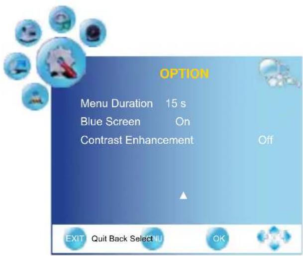 OPTION Menu Duration 15 s Blue Screen On Contrast Enhancement Off EXIT Quit Back Select NU OK
