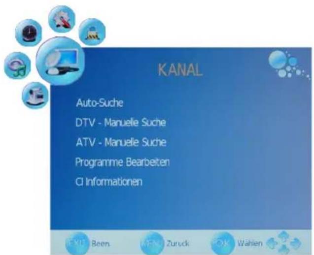 KANAL Auto-Suche DTV - Manuelle Suche ATV - Manuelle Suche Programme Bearbeiten CI Informationen EVI: Been MEN: Zuruck OK: Wahlen