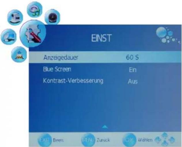 EINST Anzeigedauer 60 S Blue Screen Ein Kontrast-Verbesserung Aus EXIT Been MENU Zurück Ok Wahlen