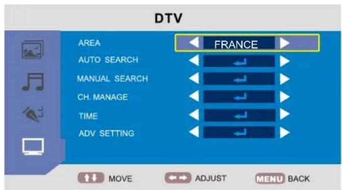 DTV AREA AUTO SEARCH MANUAL SEARCH CH. MANAGE TIME ADV SETTING FRANCE MOVE ADJUST MENU BACK