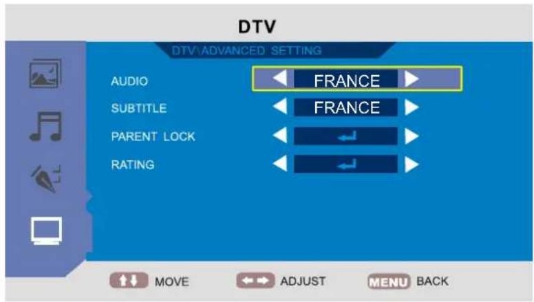 DTV DTV:ADVANCED: SETTING AUDIO SUBTITLE PARENT LOCK RATING FRANCE FRANCE MOVE ADJUST MENU BACK