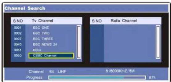 Channel Search S NO Tv Channel 0001 BBC ONE 0002 BBC TWO 0007 BBC THREE 0040 BBC NEWS 34 0051 BBCI 0030 CBBC Channel S NO Ratio Channel Channel 64 UHF 818000KHZ/8M Progress 87%