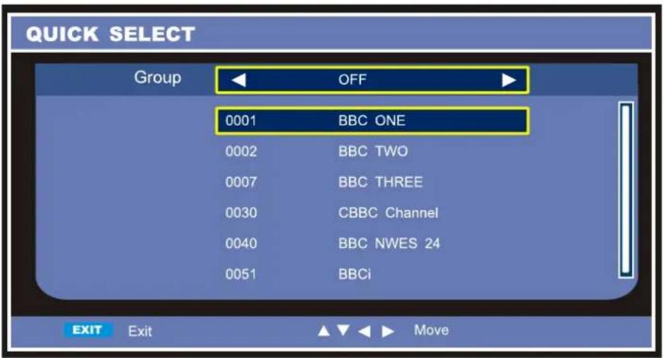 QUICK SELECT Group OFF 0001 BBC ONE 0002 BBC TWO 0007 BBC THREE 0030 CBBC Channel 0040 BBC NWES 24 0051 BBCi EXIT Exit Move