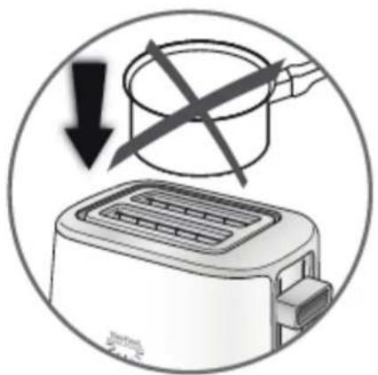 Diagram showing a toaster with a crossed pan and downward arrow, indicating a cooking or heating process.
