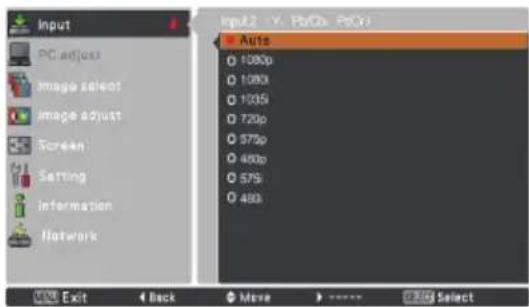 Input PC adjust Image select Image adjust Screen Setting Information Network Input2 Y: PdGb PdGn Auto 1085p 1080 1035 720p 575p 490p 575 490 Exit Back Move ***** Select