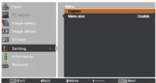 Input PC adjust image select image adjust Screen Setting Information Network Menu Position Menu size Double Exit Back Move Next