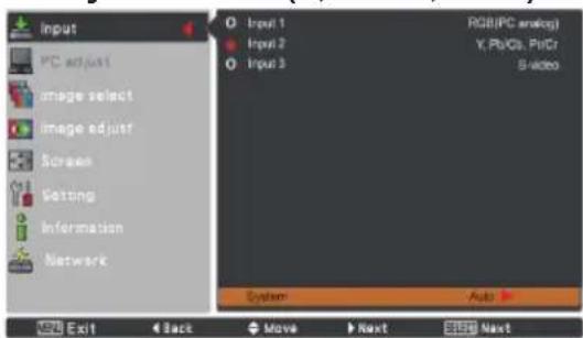 Input PC adjust image select image adjust Screen Setting Information Network Input 1 Input 2 Input 3 RGB/PC analog Y, Pb/Cr, PbCr 5-video System Auto Exit Back Move Next Next