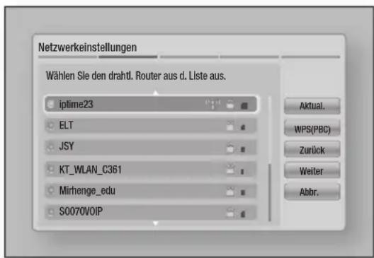 Netzwerkeinstellungen Wählen Sie den drahtl. Router aus d. Liste aus. iptime23 ELT JSY KT_WLAN_C361 Mirhenge_edu S0070V0IP Aktual. WPS(PBC) Zurück Weiter Abbr.