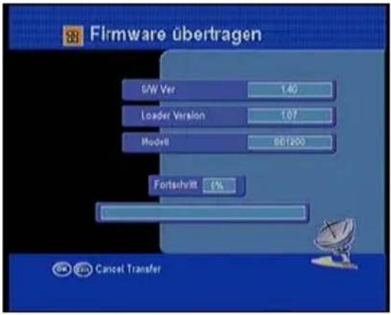 Firmware übertragen S/W Ver 1.40 Loader Version 1.07 Model 86/200 Fortschritt 0% Cancel Transfer