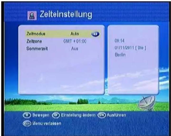 Zeiteinstellung Zeitmodus Auto Zeitzone GMT + 01:00 Sommerzelt Aus 09:14 01/11/2011 [ Die ] Berlin Bewegen Einstellung ändern Ausführen Menu verlassen