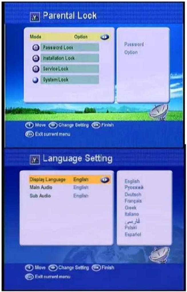 Parental Lock Mode Option Password Lock Installation Lock Service Lock System Lock Password Option Move Change Setting Finish Exit current menu Language Setting Display Language English Main Audio English Sub Audio English English Pyockiw Deutsch Français Greek Italiano Farω Polski Español Move Change Setting Finish Exit current menu