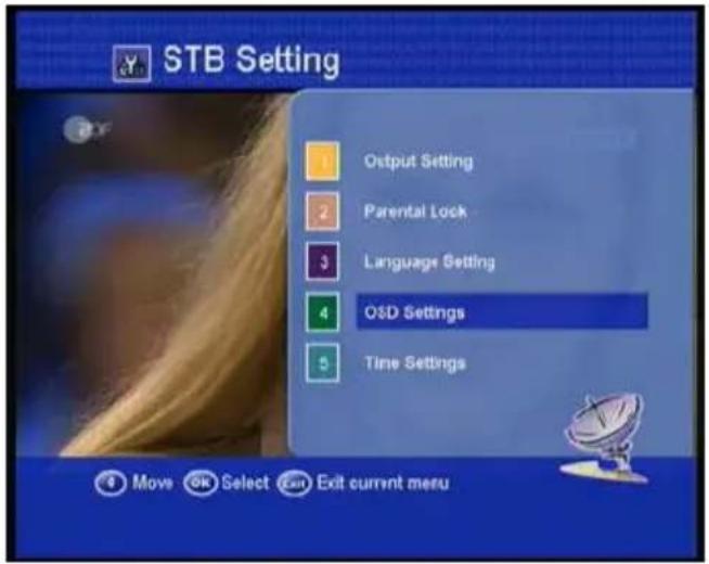 STB Setting Output Setting Parental Lock Language Setting OSD Settings Time Settings Move OK Select Exit current menu