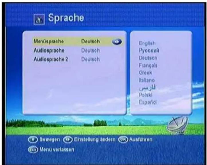 Sprache Menüsprache Deutsch Audiosprache Deutsch Audiosprache 2 Deutsch English Русский Deutsch Françals Greek Italiano لارسی Polski Español Bewegen Einstellung ändern Ausführen Menu verlassen