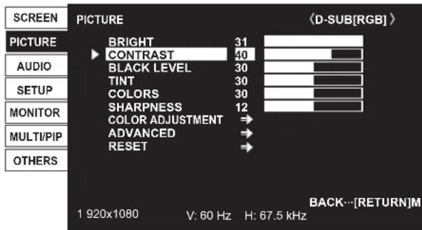 SCREEN PICTURE BRIGHT 31 CONTRAST 40 BLACK LEVEL 30 TINT 30 COLORS 30 SHARPNESS 12 COLOR ADJUSTMENT → ADVANCED → RESET → < D-SUB[RGB ] > BACK...[RETURN]M 1 920x1080 V: 60 Hz H: 67.5 kHz
