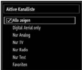 Aktive Kanalliste ✓ Alle zeigen Digital Aerial only Nur Analog Nur TV Nur Radio Nur Text Favoriten