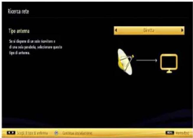 Ricerca rete Tipo antenna Se si dispone di un solo ricevitore e di una sola parabola, selezionare questo tipo di antenna. Diretta Scegli il tipo di antenna Continua installazione Verroditario