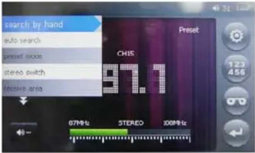 search by hand Auto search preset mode stereo switch fetitive area Preset CHIS 97.1 67MHz STEREO 100MHz 123 456