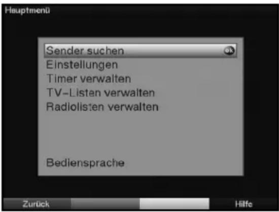 Hauptmenü Sender suchen Einstellungen Timer verwalten TV-Listen verwalten Radiolisten verwalten Bediensprache Zurück Hilfe