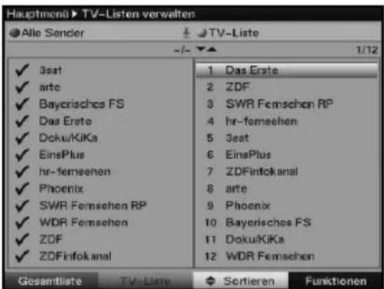 Hauptmenü ▶ TV-Listen verwalten Alle Sender TV-Liste 1/12 3sat arte Baycrisches FS Das Erste Doku/KiKa EinsPlus hr-femsehen Phoenix SWR Femsehen RP WDR Femsehen ZDF ZDFinfokanal Das Erste ZDF SWR Femsehen RP hr-femsehen ZDFinfokanal arte Phoenix Bayerisches FS Doku/KiKa WDR Femsehen Gesamtliste TV-Liste Sortieren Funktionen
