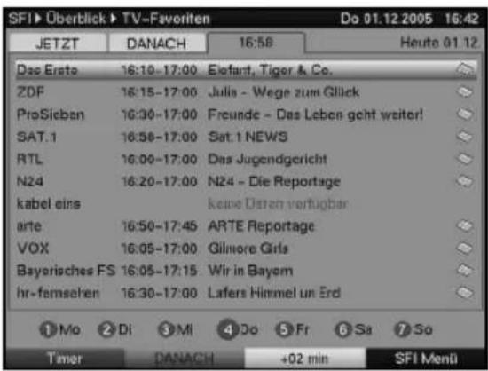SFI Überblick TV-Favoriten Do 01.12.2005 16:42 JETZT DANACH 16:58 Heute 01.12 Das Erato 16:10-17:00 Eiofant, Tiger & Co. ZDF 16:15-17:00 Julia - Wege zum Glück ProSieben 16:30-17:00 Freunde - Das Leben geht weiter! SAT.1 16:58-17:00 Sat.1 NEWS RTL 16:00-17:00 Das Jugendgericht N24 16:20-17:00 N24 - Die Reportage kabel eins keine Osten verfügbar arte 16:50-17:45 ARTE Reportage VOX 16:05-17:00 Gilmore Girls Bayerisches FS 16:05-17:15 Wir in Bayom hr-femsehen 16:30-17:00 Lafers Himmel un Erd ① Mo ② Di ③ Mi ④ Do ⑤ Fr ⑥ Sa ⑦ So Timer DANACH +02 min SFI Menti