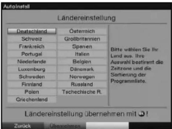 AutoInstall Ländereinstellung Deutschland Österreich Schweiz Großbritannien Frankreich Spanien Portugal Italien Niederlande Belgien Luxemburg Dänemark Schweden Norwegen Finnland Russland Polen Tschechische R. Griechenland Bitte wählen Sie Ihr Land aus. Ihre Auswahl bestiramt die Zeitzone und die Sortierung der Programmliste. Ländereinstellung übernehmen mit ⚙! Zurück Übernehmen