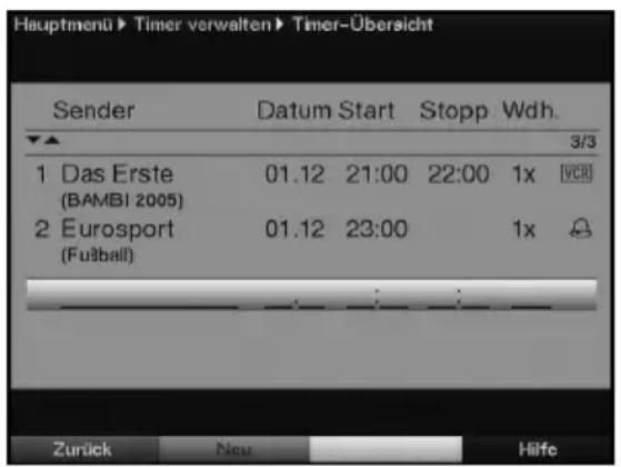 Hauptmenü ▶ Timer verwalten ▶ Timer-Übersicht Sender Datum Start Stopp Wdh. 3/3 1 Das Erste (BAMBI 2005) 01.12 21:00 22:00 1x VCR 2 Eurosport (Fußball) 01.12 23:00 1x Zurück Neu Hilfe