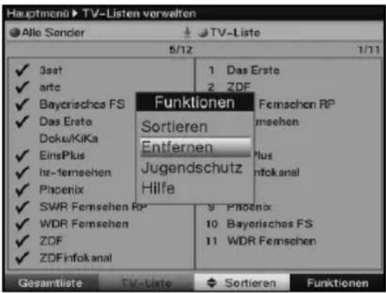 Hauptmenü ▶ TV-Listen verwalten Alle Sander TV-Liste 5/12 1/11 3sat artc Bayerisches FS Das Erste Doku/KiKa EinsPlus hr-femsehen Phoenix SWR Fernsehen RP WDR Fernsehen ZDF ZDFinfok anal Funktionen Sortieren Entfernen Jugendschutz Hilfe Femschen RP msehen Plus infok anal 9 Pflösenx 10 Bayerisches FS 11 WDR Fernsehen Gesamtliste TV-Liste Sortieren Funktionen