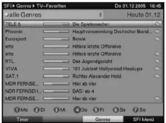 SFI > Genres > TV-Favoriten Do 01.12 2005 16:45 alle Genres Heute 01.12 TELE 5 Die Spieleache Phoenix Hauptverpammlung Deutscher Bund... Eurosport Bowlis arte Hitlers letzte Offensive arte Hitlers letzte Offensive RTL Das Jugendgericht VIVA '101 Juiclesst Hollywood Hookups SAT.1 Richter Alexander Hold MDR FERNSE... Hier ab vier MDR FERNSEH... DAS' ab 4 MDR FERNSE... Hier ab vier ① Mo ② Di ③ Mi ④ Jo ⑤ Fr ⑥ Sa ⑦ So Timer Genres SFI Menü