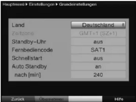 Hauptmenü Einstellungen Grundeinstellungen Land Deutschland Zeitzone GMT+1 (SZ+1) Standby-Uhr aus Fernbediencode SAT1 Schnellstart aus Auto Standby an nach [min] 240 Zurück Übernehmen Hilfe