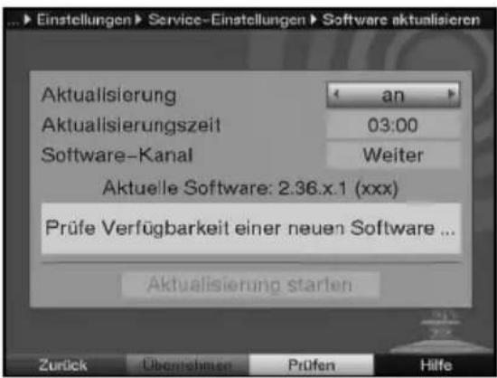 Einstellungen ▶ Service-Einstellungen ▶ Software aktualisieren Aktualisierung ← an ► Aktualisierungszeit 03:00 Software-Kanal Weiter Aktuelle Software: 2.36.x.1 (xxx) Prüfe Verfügbarkeit einer neuen Software ... Aktualisierung starlen Zurück Übernehmen Prüfen Hilfe