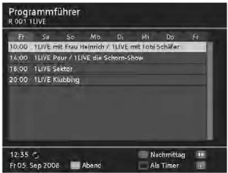 Programmführer R 001 1LIVE Fr Sa So Mo Di Mi Do Fr 10:00 1LIVE mit Frau Heinrich / 1LIVE mit Tobi Schäfer 14:00 1LIVE Pour / 1LIVE die Schorn-Show 18:00 1LIVE Sektor 20:00 1LIVE Klubbing 12:35 Fr 05 Sep 2008 Abend Nachmittag Als Timer