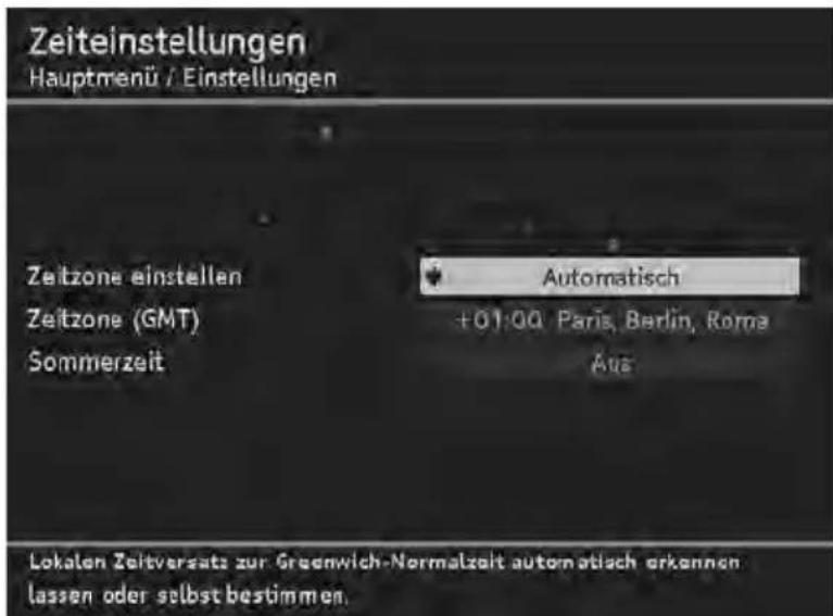 Zeiteinstellungen Hauptmenü / Einstellungen Zeitzone einstellen Zeitzone (GMT) Sommerzeit Automatisch +01:00 Paris, Berlin, Rome Aus Lokalen Zeitversatz zur Greenwich-Normalzeit automatisch erkennen lassen oder selbst bestimmen.