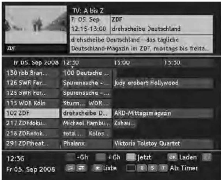 TV: A bis Z Fr 05. Sep 12:15-13:00 ZDF drehscheibe Deutschland drehscheibe Deutschland - das tägliche Deutschland-Magazin im ZDF, montags bis freita... Fr 05. Sep 2008 12:30 13:00 15:30 130 rbb Bran... 100 Deutsche ... 126 SWR Fer... Spurensuche - Judy erobert Hollywood 125 SWR Fer... Spurensuche ... 115 WDR Köln Sturm... WDR ... 102 ZDF drehscheibe D... ARD-Mittagsmagazin 217 ZDFdoku... Michael Hambu... Zuhau... 218 ZDFinfok... total ... Kolos... 291 ZDFheat... Phalanx Viktoria Tolstoy Quartet 12:36 -6h +6h Jetzt OK Laden Fr 05. Sep 2008 Liste 1 5 7 Als Timer