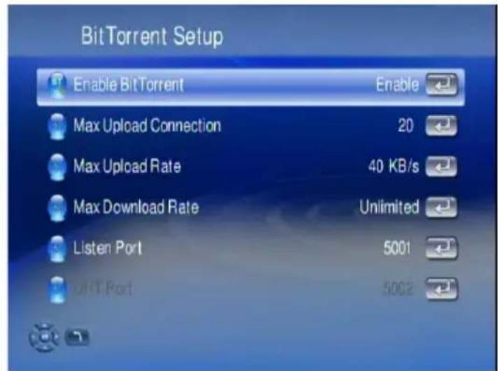 BitTorrent Setup Enable BitTorrent Enable Max Upload Connection 20 Max Upload Rate 40 KB/s Max Download Rate Unlimited Listen Port 5001 pH1 Port 5002