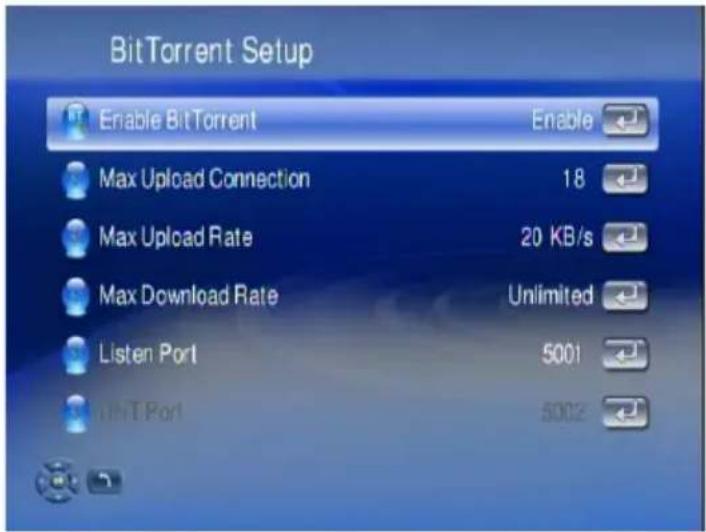 BitTorrent Setup Enable BitTorrent Enable Max Upload Connection 18 Max Upload Rate 20 KB/s Max Download Rate Unlimited Listen Port 5001 Unit Port 5002