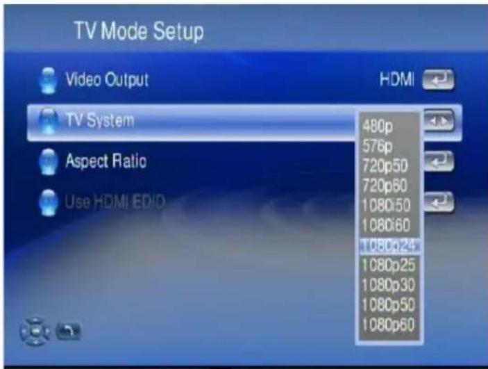 TV Mode Setup Video Output HDMI TV System 480p 576p 720p50 720p60 1080i50 1080i60 1080p24 1080p25 1080p30 1080p50 1080p60